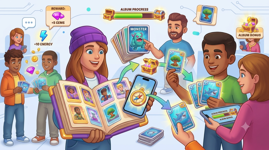 Travel Town card trading with players to complete card albums
