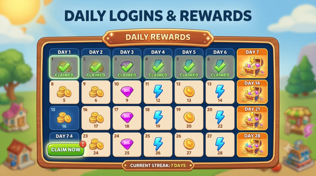Travel Town daily rewards with free energy, gems, and bonus items
