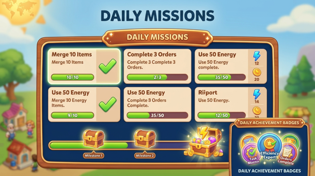 Travel Town Daily Wins missions with energy rewards
