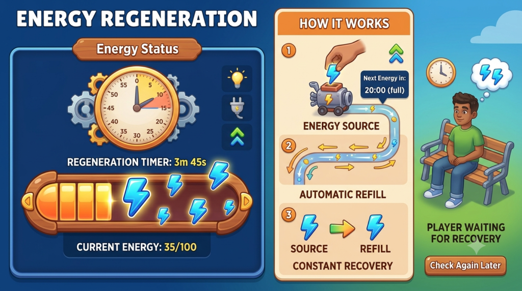 Travel Town energy regeneration timer showing free energy recovery
