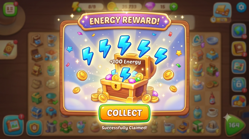 Travel Town free energy reward popup after claiming an energy link

