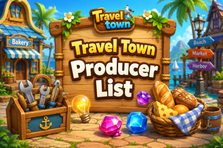 Travel Town Producer List guide showing best item chains and merge strategy tips