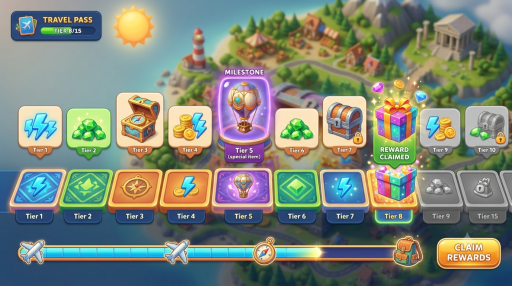 Travel Town Travel Pass reward track with free energy prizes
