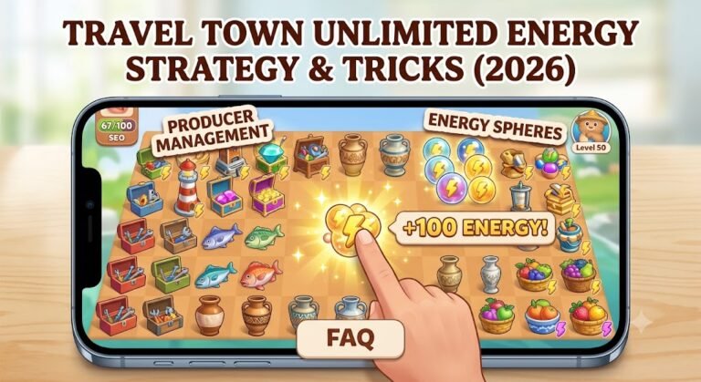 A complete guide to Travel Town unlimited energy strategy & tricks (2026), featuring tips on producer management, energy spheres, and how to get +100 free energy by merging items to level 5.
