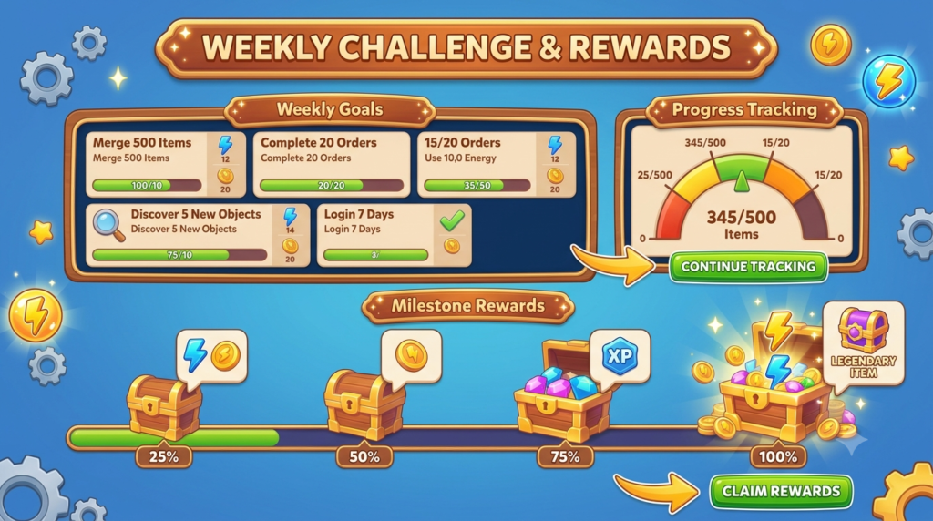 Travel Town Weekly Goals with milestone rewards and free energy
