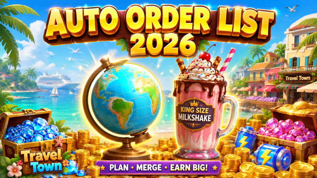 Travel Town auto order list 2026 banner showing a max level globe and king size milkshake item with overflowing coins.