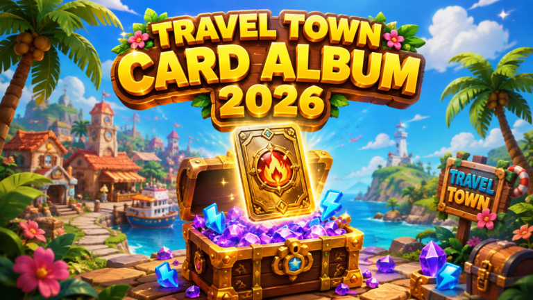 Travel Town Seasonal Card Album 2026 guide banner showing Flame Cards, Joker cards, diamonds, and free energy rewards.