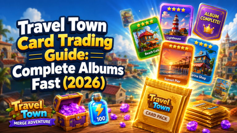 Travel town card trading guide with golden card packs and collectible cards