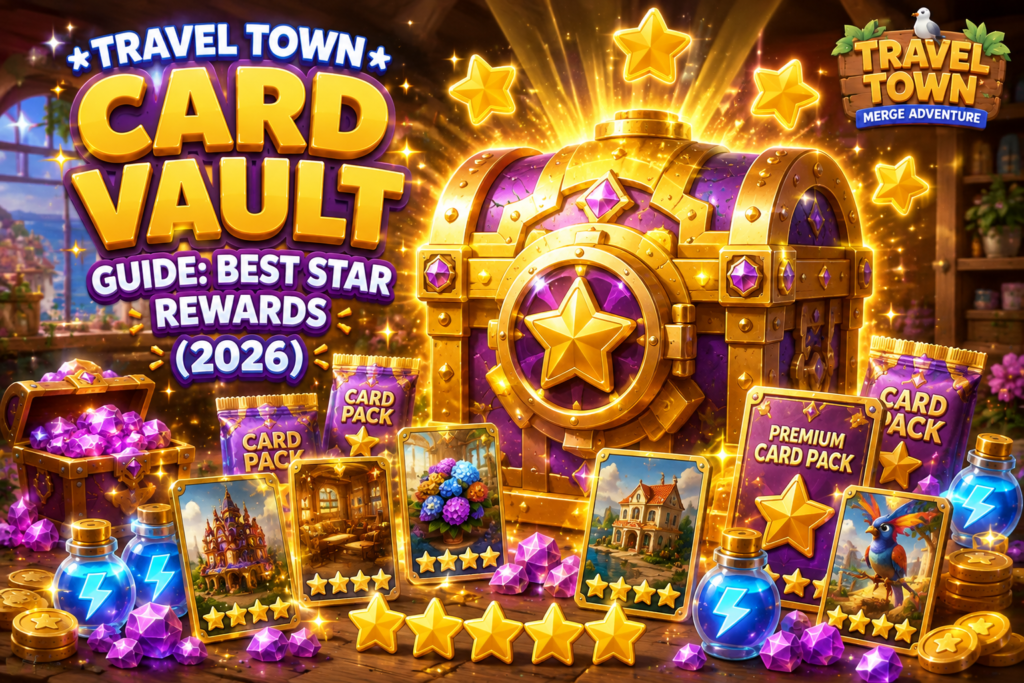 Travel town card vault guide showing golden star chest and rare card packs