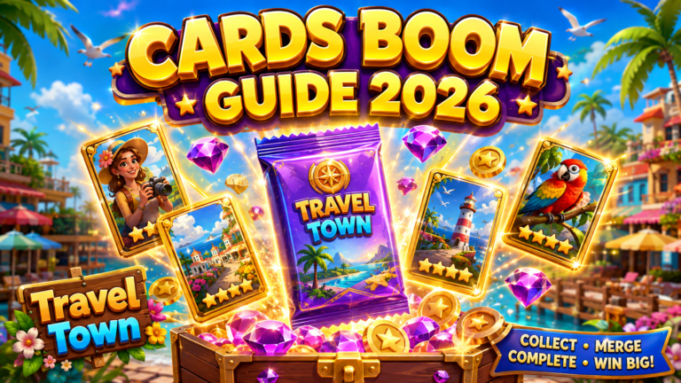 Travel Town cards boom event guide 2026 banner showing glowing seasonal card packs, diamonds, and energy.
