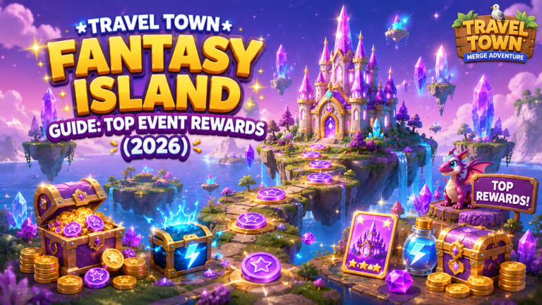 Travel town fantasy island event guide showing magical floating islands and event tokens