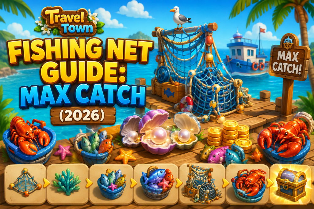 Travel town fishing net guide showing aquatic seafood items and pearl oysters on a game board