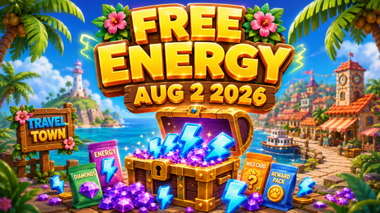 Travel Town free energy links August 2 2026 banner showing blue energy bolts and diamond reward chest.