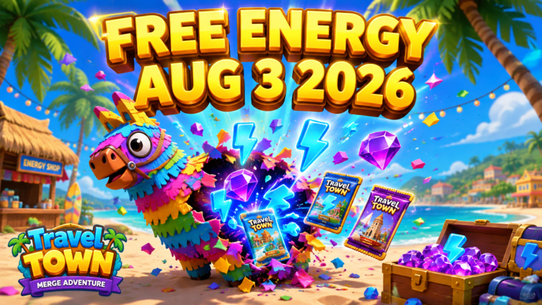 Travel Town free energy links August 3 2026 banner showing a piñata bursting with blue energy bolts and diamond rewards.