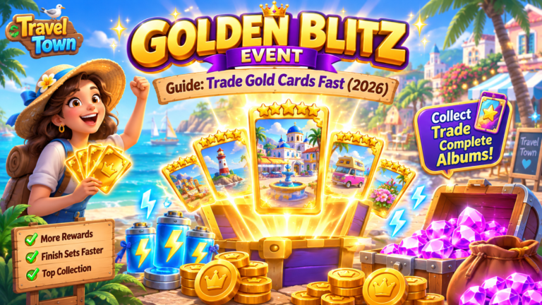 Travel town golden blitz guide featuring glowing 5-star gold cards and event banners
