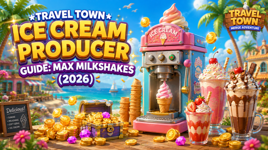 Travel town ice cream producer guide featuring giant milkshakes and sundaes on a game board