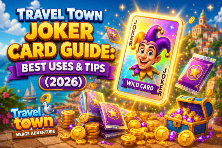 Travel town joker card guide with glowing wild card surrounded by gold stars and card packs