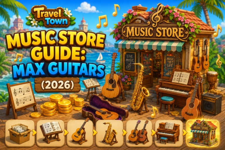 Travel town music store guide showing guitars, saxophones, and sheet music on a game board