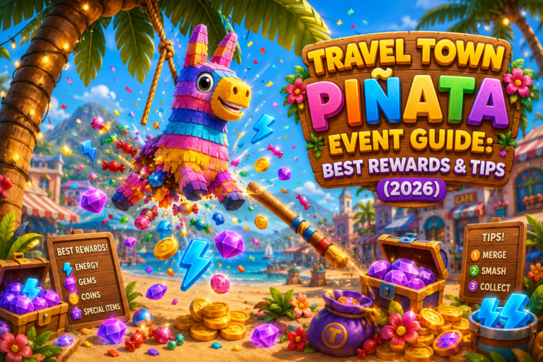 Travel town pinata event guide showing colorful donkey pinata exploding with gems and energy