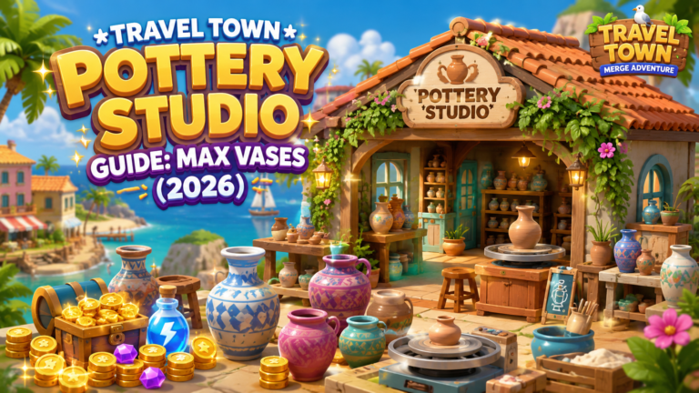 Travel town pottery studio guide featuring ceramic vases and clay pots on a game board