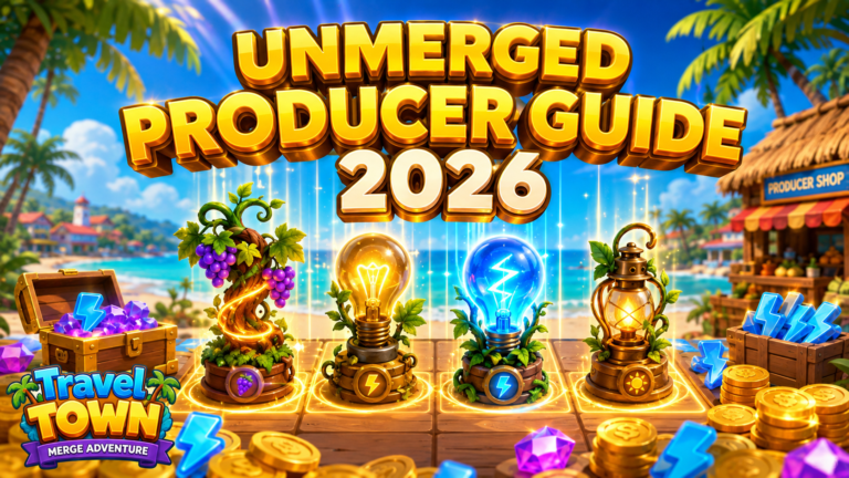 Travel Town producer guide unmerged 2026 banner showing unmerged lightbulbs, vines, and gold coins.
