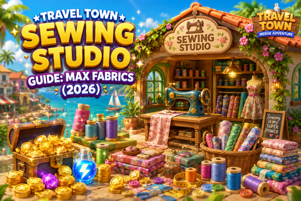 Travel town sewing studio guide featuring sewing machines and thread spools on a game board
