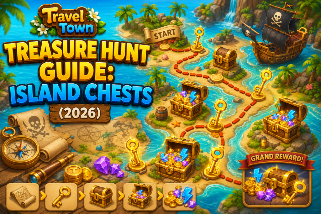 Travel town treasure hunt guide showing brass keys, treasure maps, and reward chests
