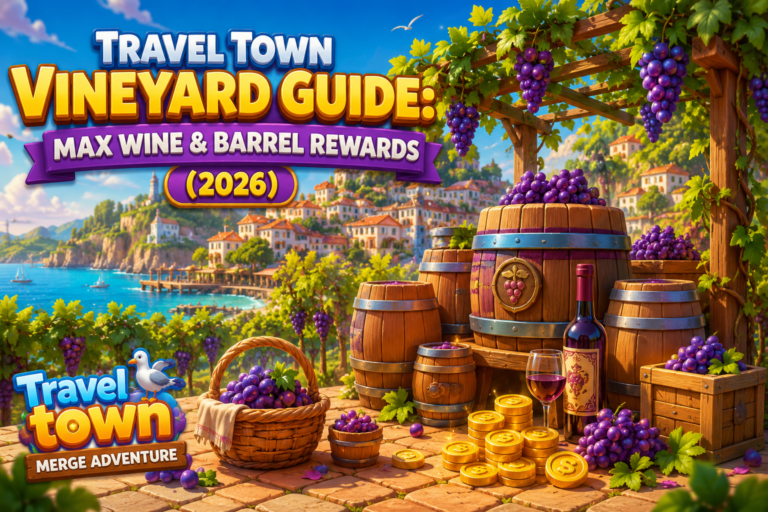 Travel town vineyard guide featuring wooden wine barrels and grapevines on a game board